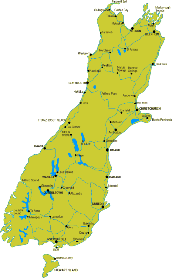 southislandmap Map South Island New Zealand
