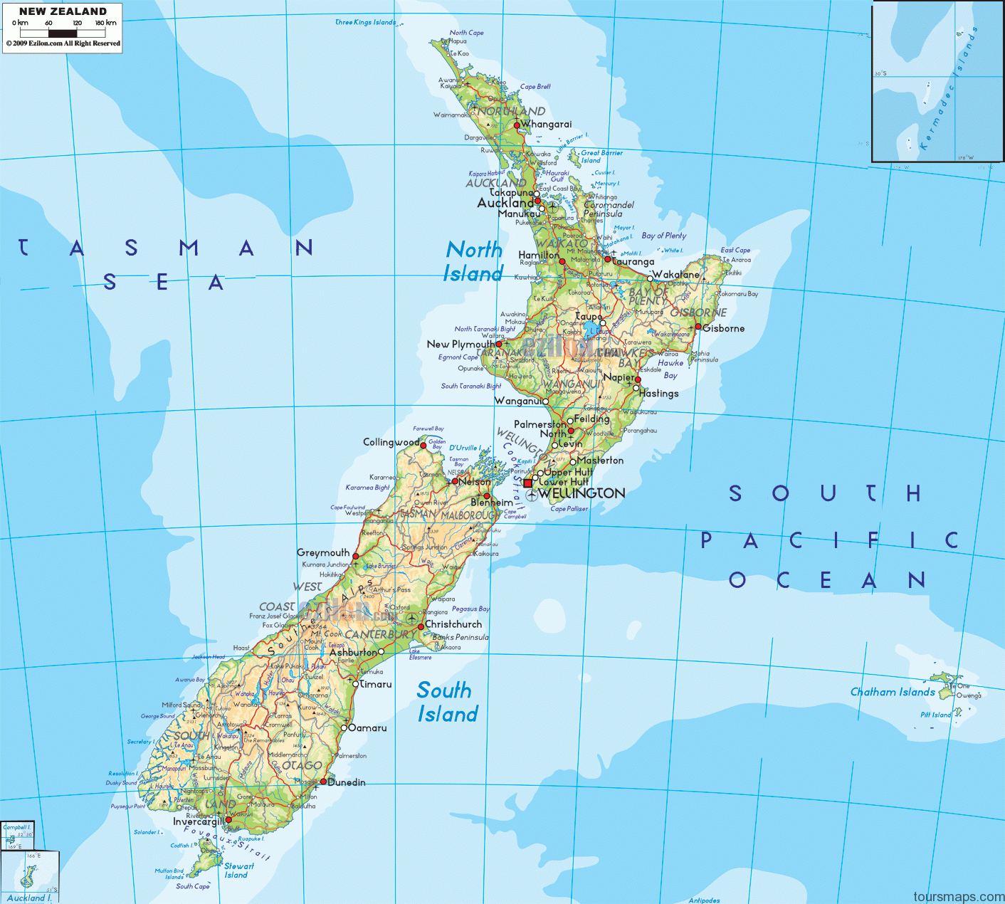 new zealand physical map Map of New Zealand