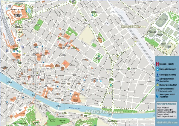 florence top tourist attractions map 14 tourist information visitor centre car parks hospitals public toilets coach station smn high resolution Map of Florence